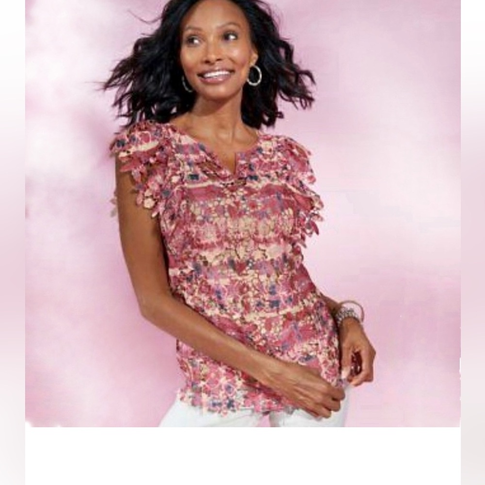 Soft Surroundings Bougainvillea Embroidered Cut Lace Rose Floral Blouse w/ Cami